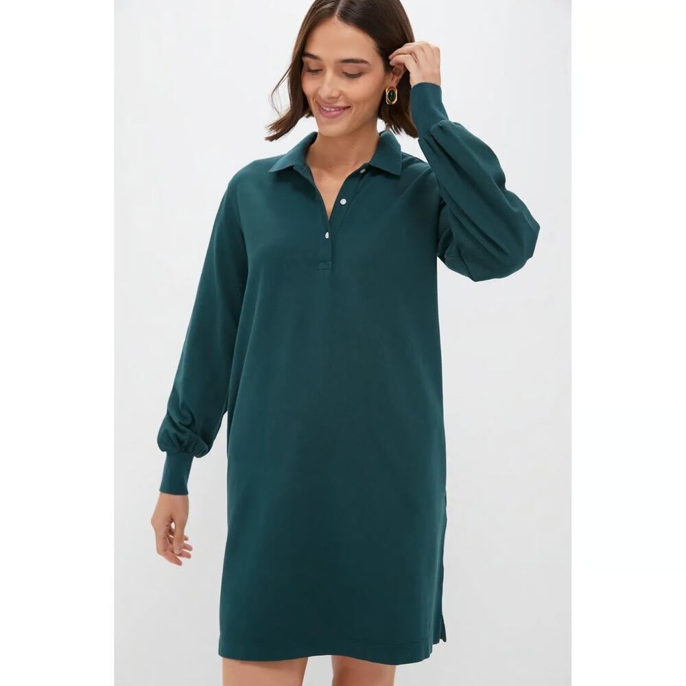 Tuckernuck June Bug Green Pique Polo Dress Nwot Large Puff Long Sleeve Pockets